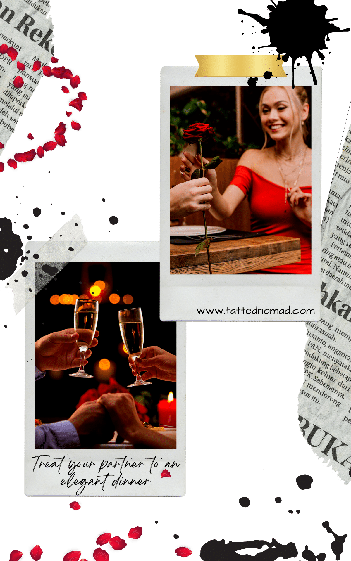 a man and a woman making a toast with glasses of champagne in a dimly lit restaurant woman sat at a table and receiving a rose