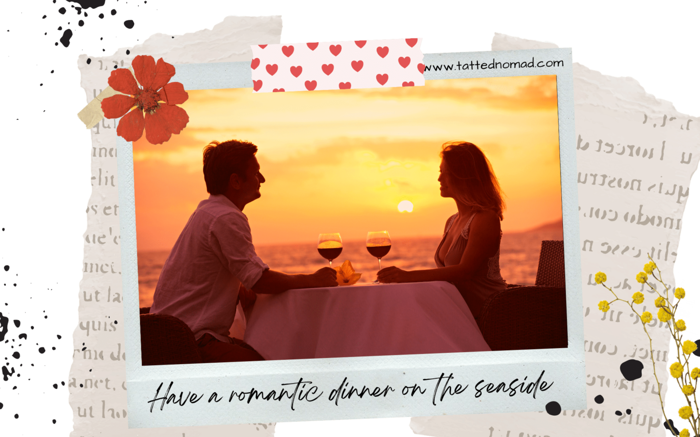 man and woman sat at a table and holding glasses of wine with the sunset shining on the background