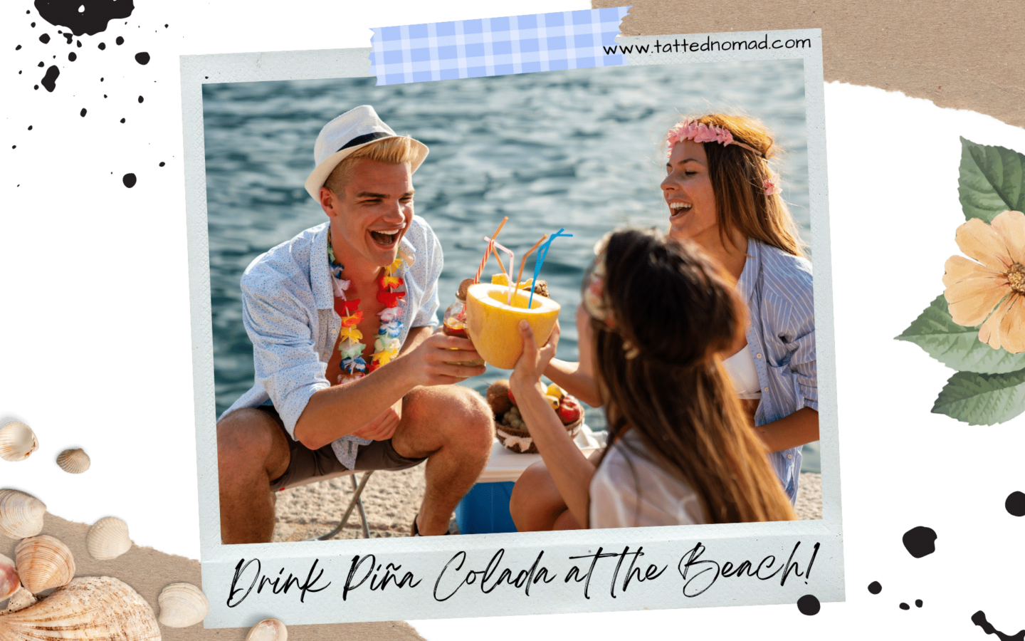 a man and two girls wearing flower crowns and drinking from a mango at the beach