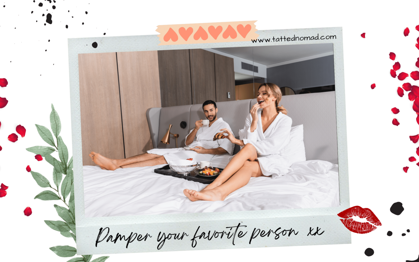 woman laughing and eating fruit and man drinking coffe on a double bed