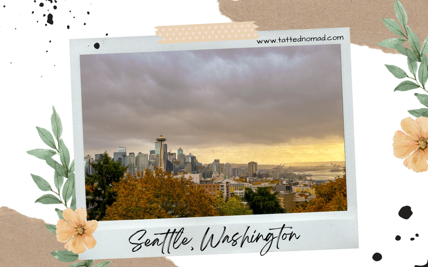 city skyline with trees and a cloudy sky in seattle