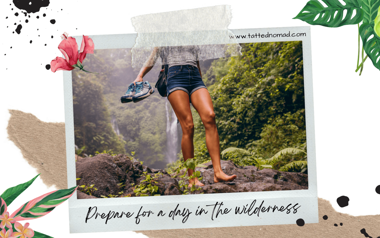 woman walking barefoot over the mud and holding her shoes with a waterfall behind