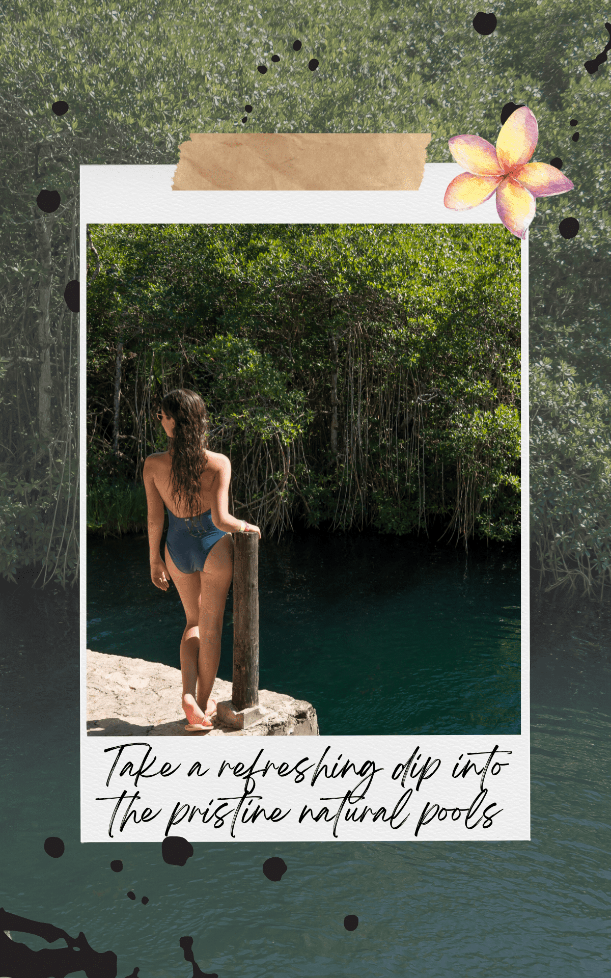 woman standing wearing a swimsuit in front of a lagoon and trees
