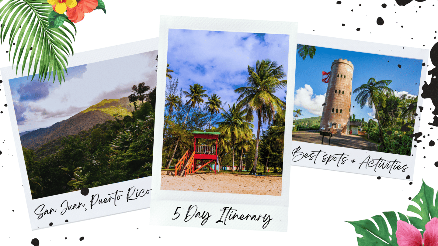 polaroid photos of luquillo beach and el yunque national rainforest puerto rico 5 day itinerary banner