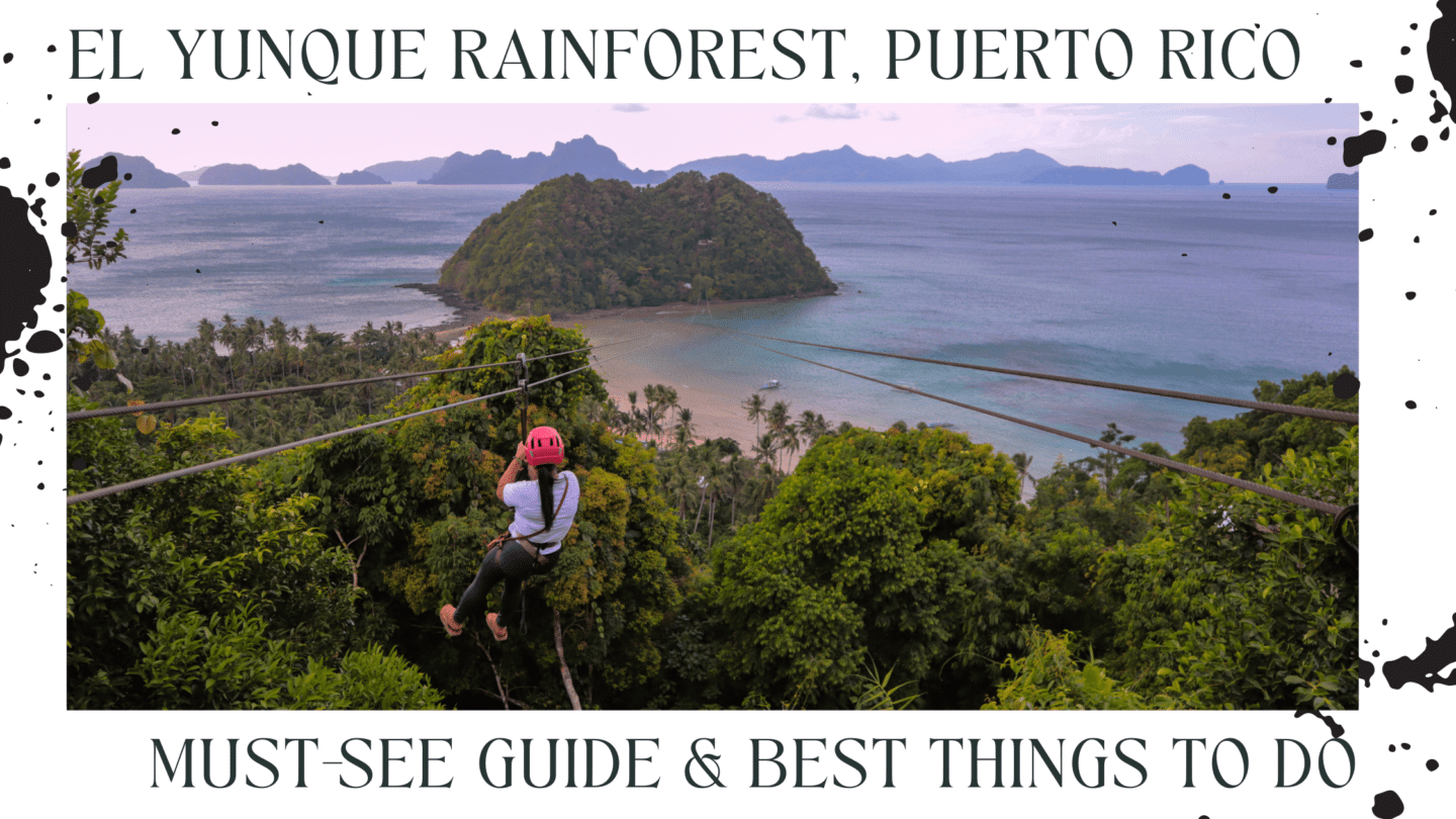 woman ziplining over a forest and the sea with an island and mountains on the background things to do in el yunque banner