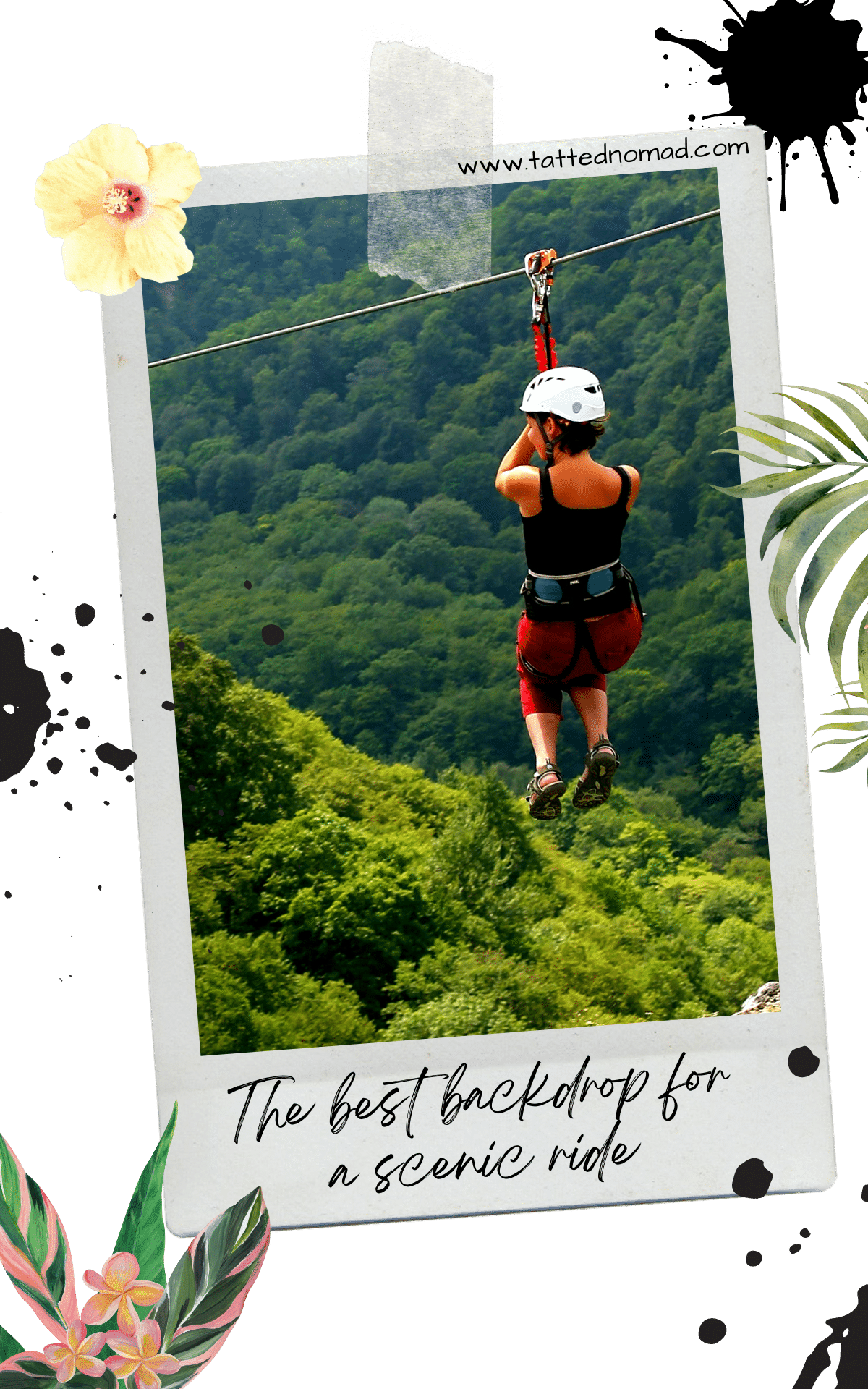 a woman hanguing on a zipline with lush trees and mountains on the background