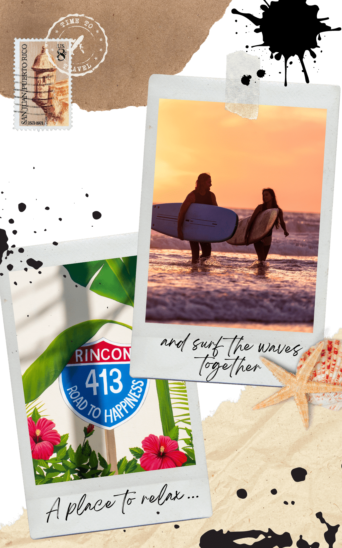 a couple walking on the beach holding a surf board with the sunset in rincon puerto rico
