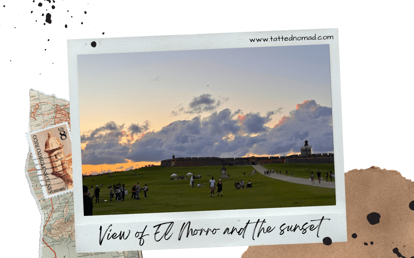 large land covered in grass with people walking and el morro in the distance contrasting with the sunset
