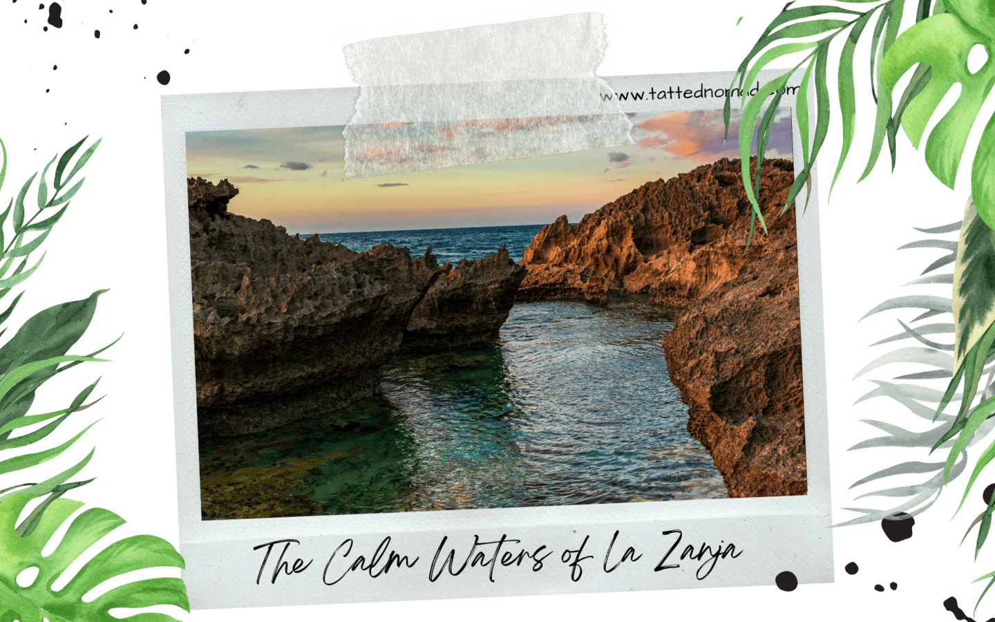 a natural pool between two big rocks with the ocean and sunset on the background