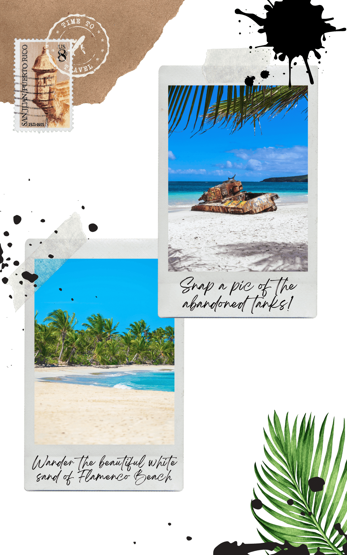 view of the coast with palmtrees and a military tank covered in graffiti on flamenco beach in culebra puerto rico