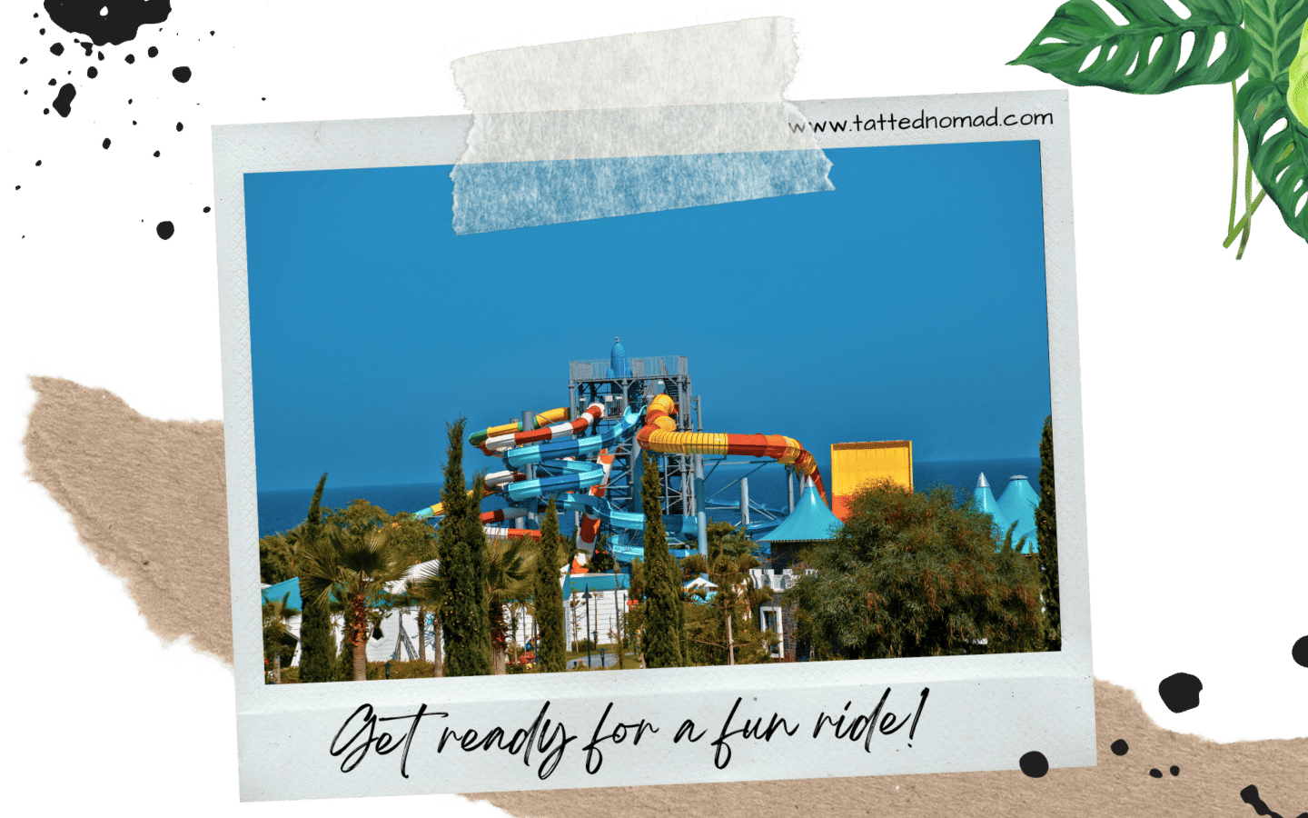 water park in puerto rico with colorful waterslides behind trees and the ocean on the background