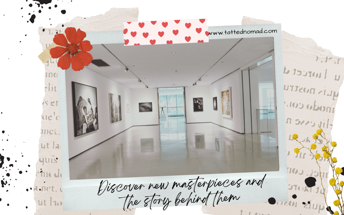 an art gallery with paintings on the walls on the left and right and a door on the center at the end of the hall