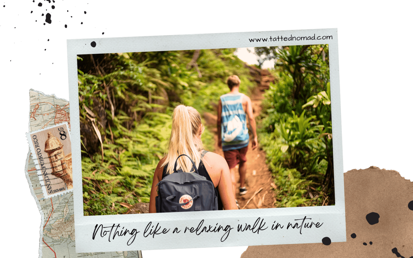 a woman and a man hiking in the rainforest with plants around them
