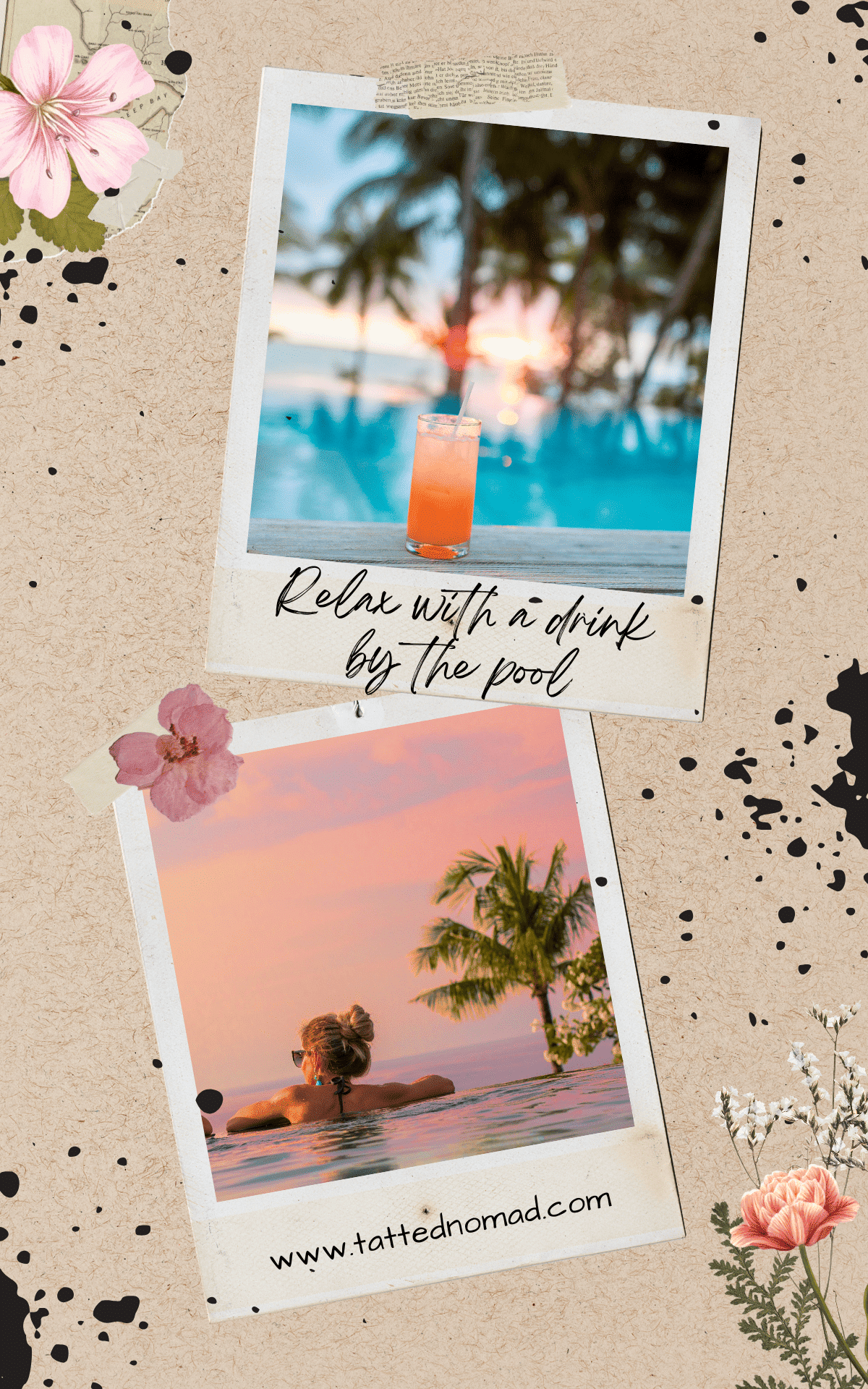 woman relaxing in the infinity pool and a drink by the pool with palmtrees and the sunset on the background at coqui waterpark in puerto rico