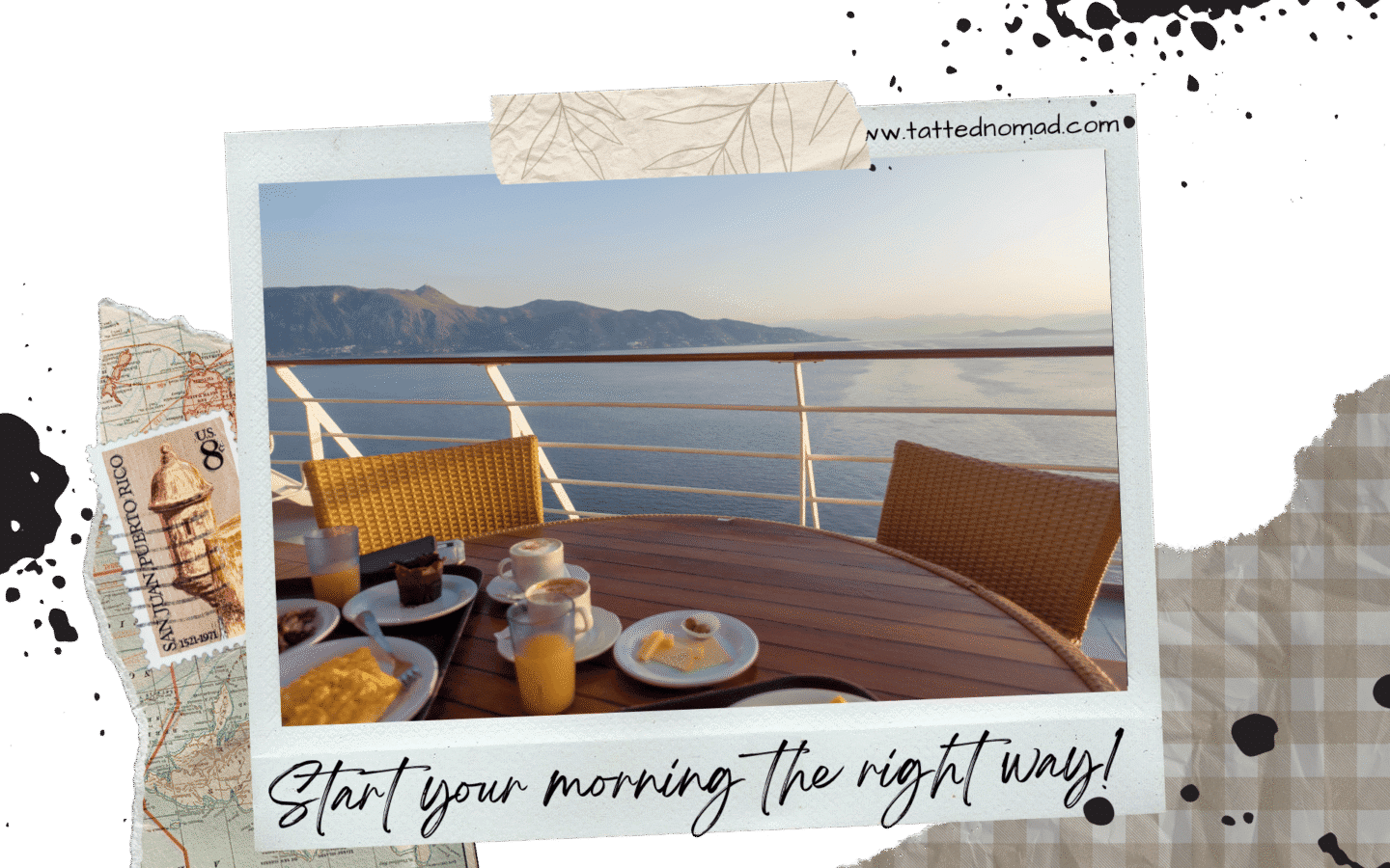 a wooden table with breakfast and two chairs, with the sea and mountains on the background