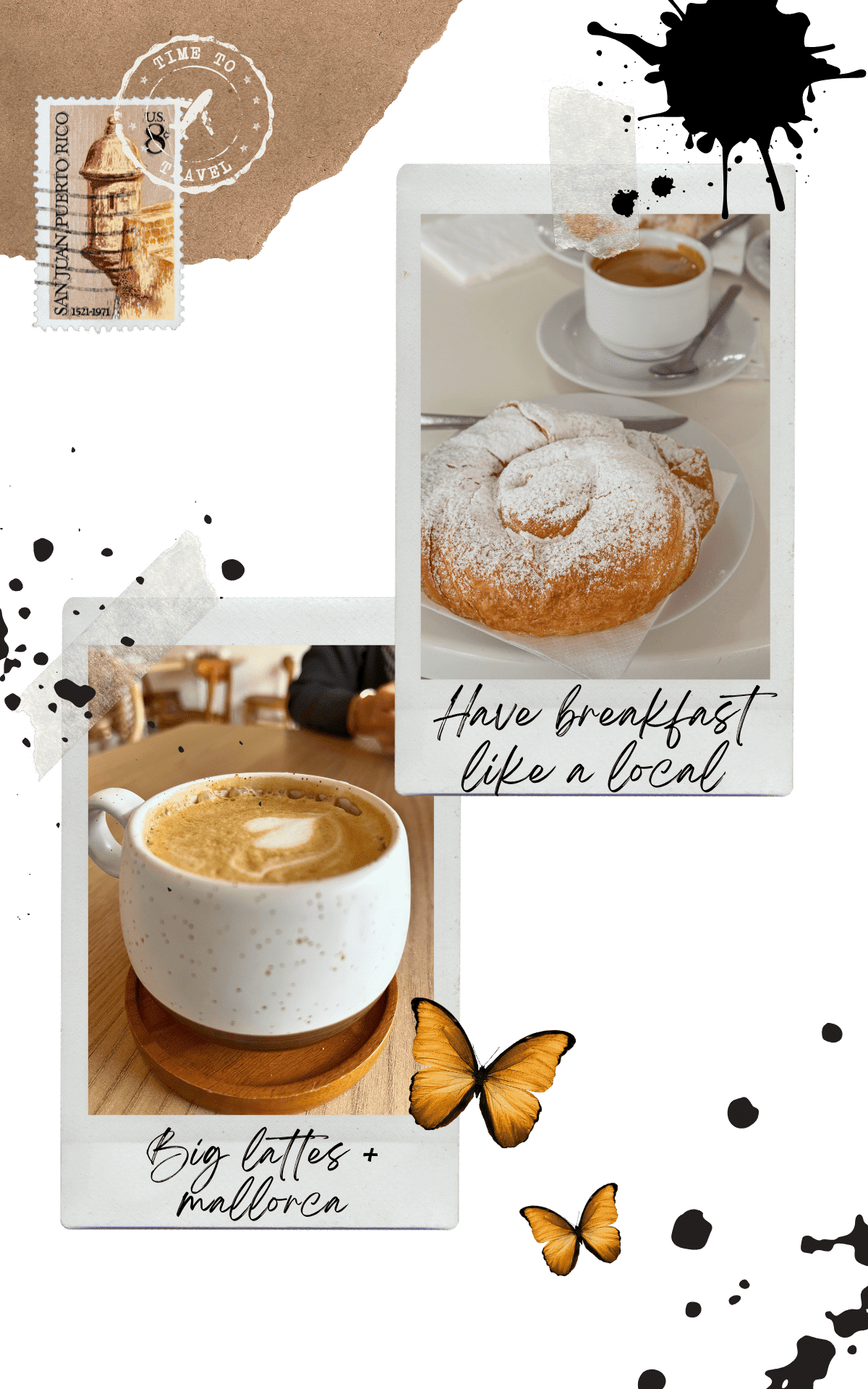 a cup of latte and a mallorca, traditional puerto rican breakfast