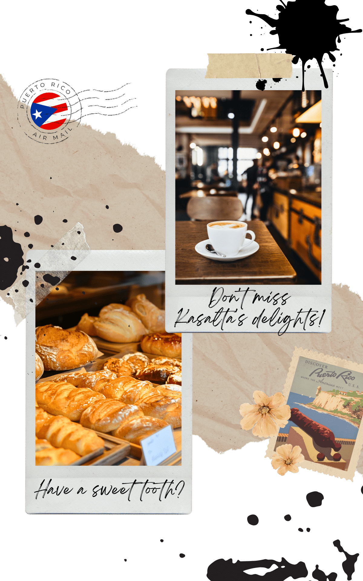 kasalta bakery restaurant, a photo with pastries and another one with a cup of coffee on the table of a cafe in puerto rico