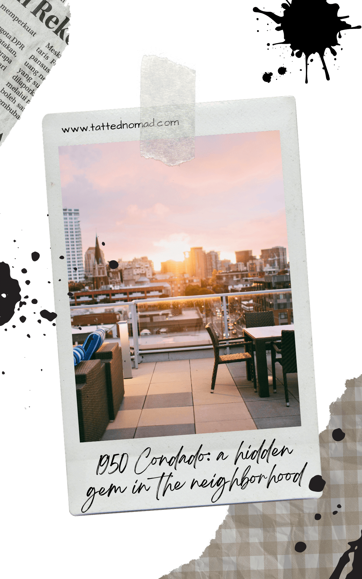 a terrace with tables and chairs with buildings and the sunset on the background