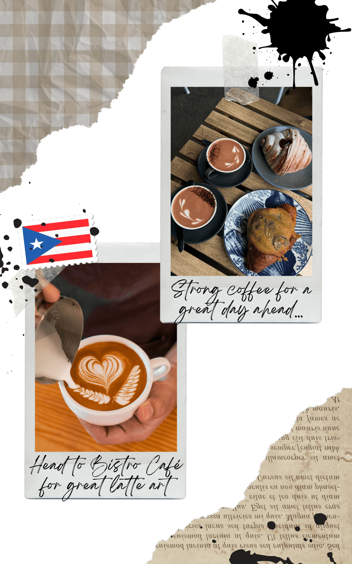 a photo of a cup with latte art and another one with two cups of hot chocolate and two croissants bistro cafe in san juan puerto rico