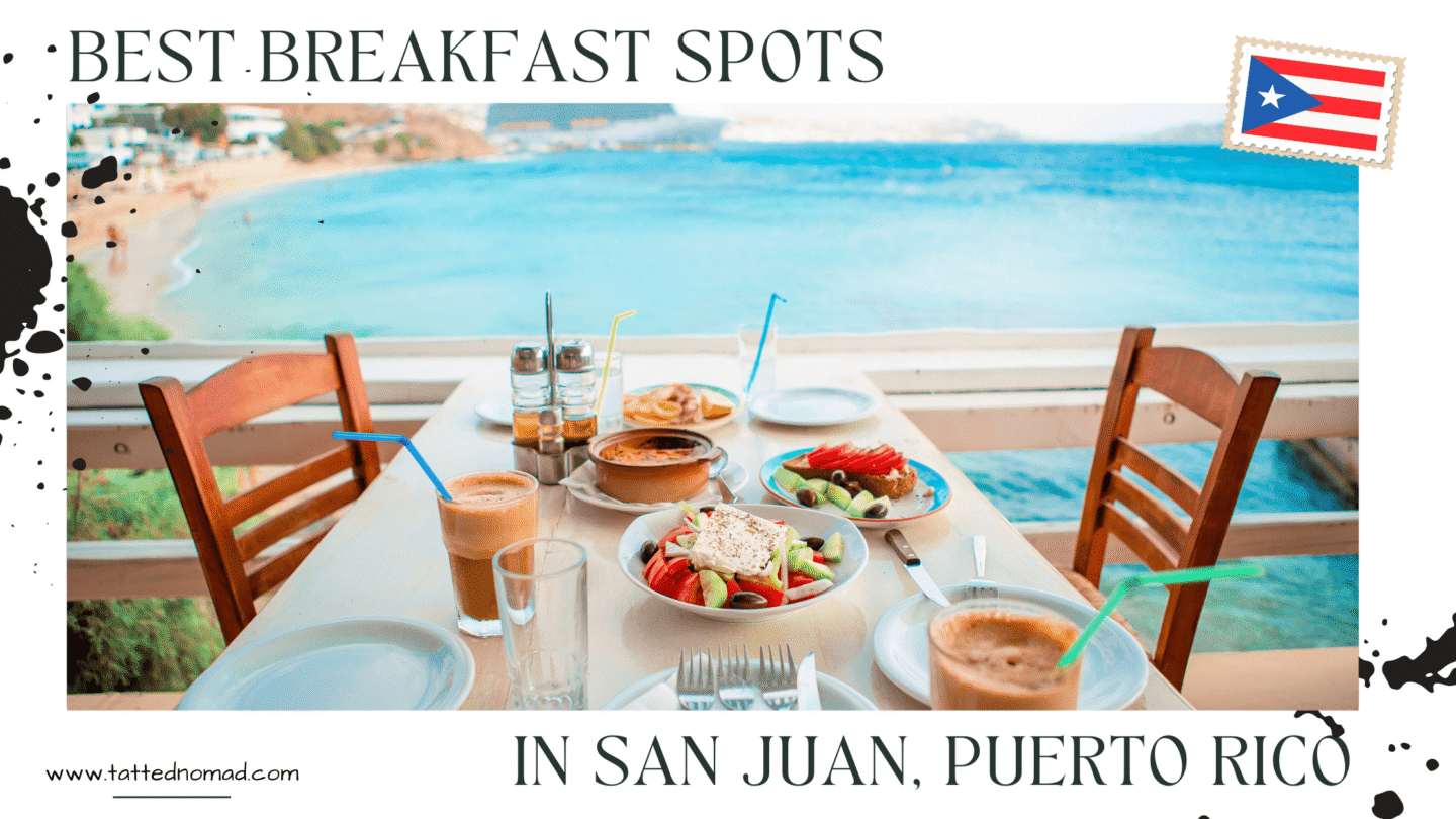 best breakfast in san juan puerto rico banner table with iced coffee and plates of fruits, a chair on each side and the sea on the background