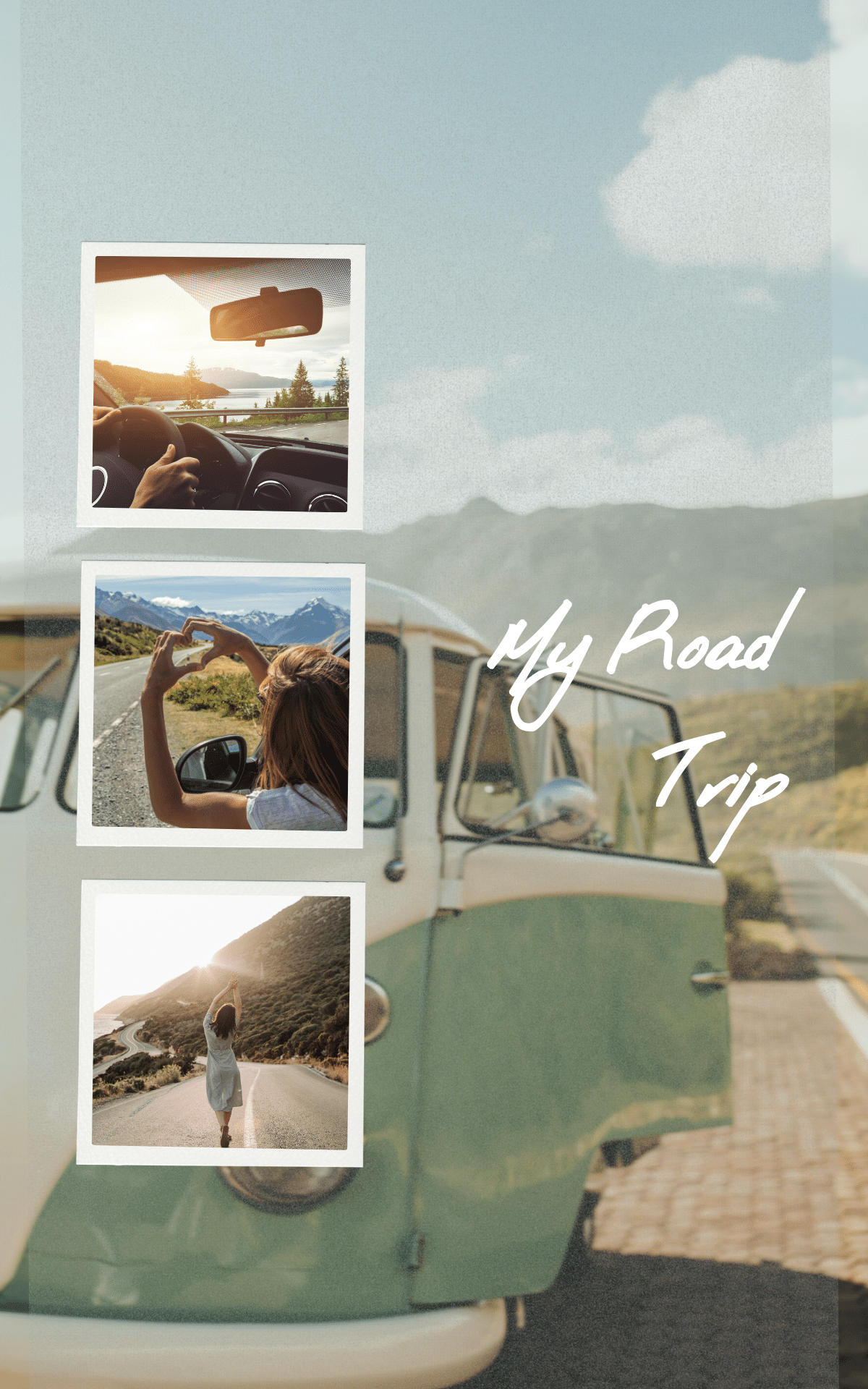 Vintage van parked on scenic mountain road with polaroid-style photos of a woman on a solo road trip