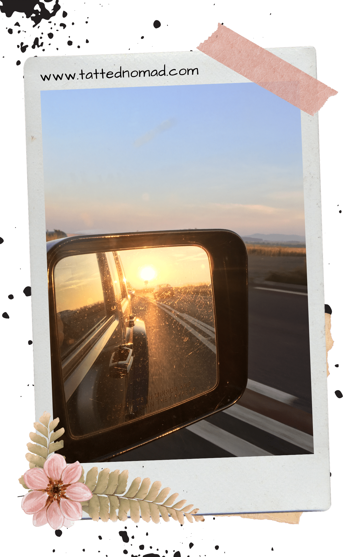 Car side mirror reflecting sunset on an open highway during a solo road trip or Sunset view in car mirror while driving alone on a solo road trip