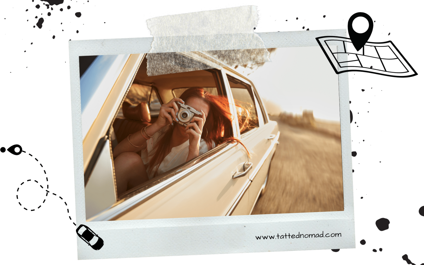 Solo female road trip safety concept image of woman sitting taking pictures in car with polaroid frame