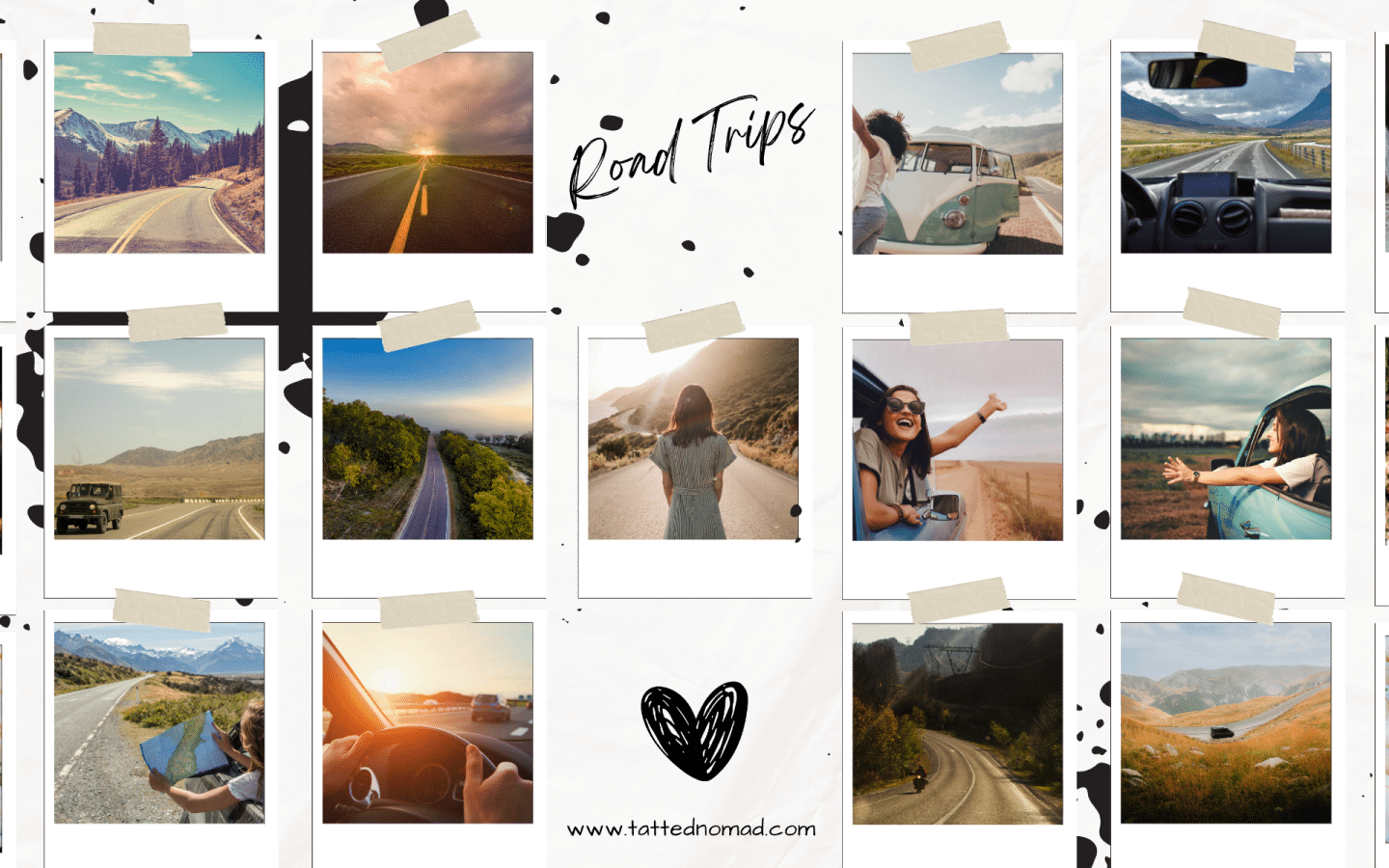 Photo collage of a woman enjoying a solo road trip with scenic roads and adventure snapshots